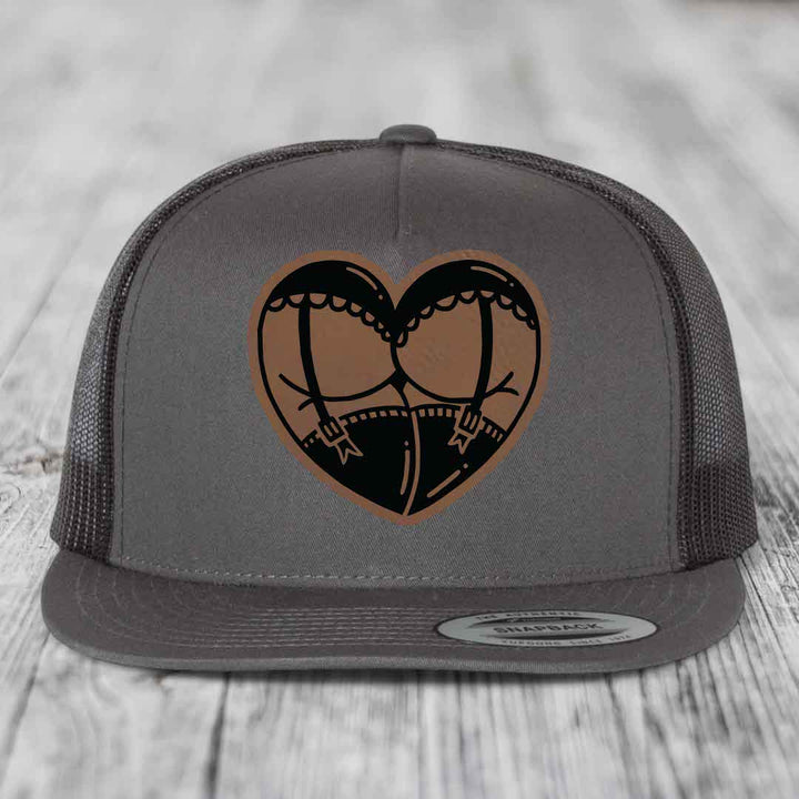Heart Shaped Ass (Garter Belt) - Leather Patch Hat - Dark Brown to Black Patch - Yupoong 6006 Snapback Flatbill Hat