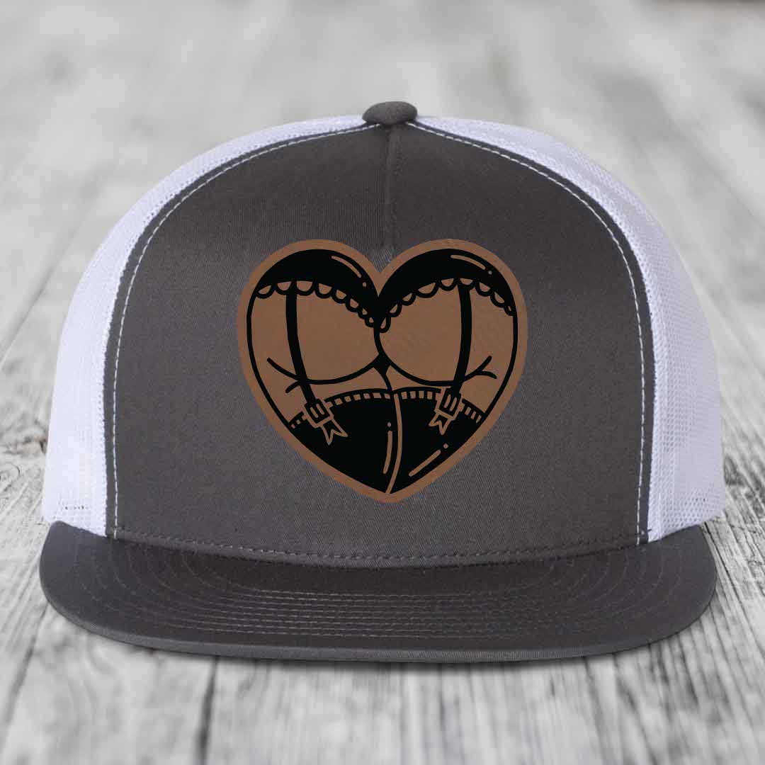 Heart Shaped Ass (Garter Belt) - Leather Patch Hat - Dark Brown to Black Patch - Yupoong 6006 Snapback Flatbill Hat