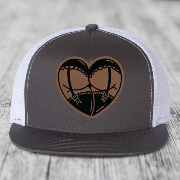 Heart Shaped Ass (Garter Belt) - Leather Patch Hat - Dark Brown to Black Patch - Yupoong 6006 Snapback Flatbill Hat