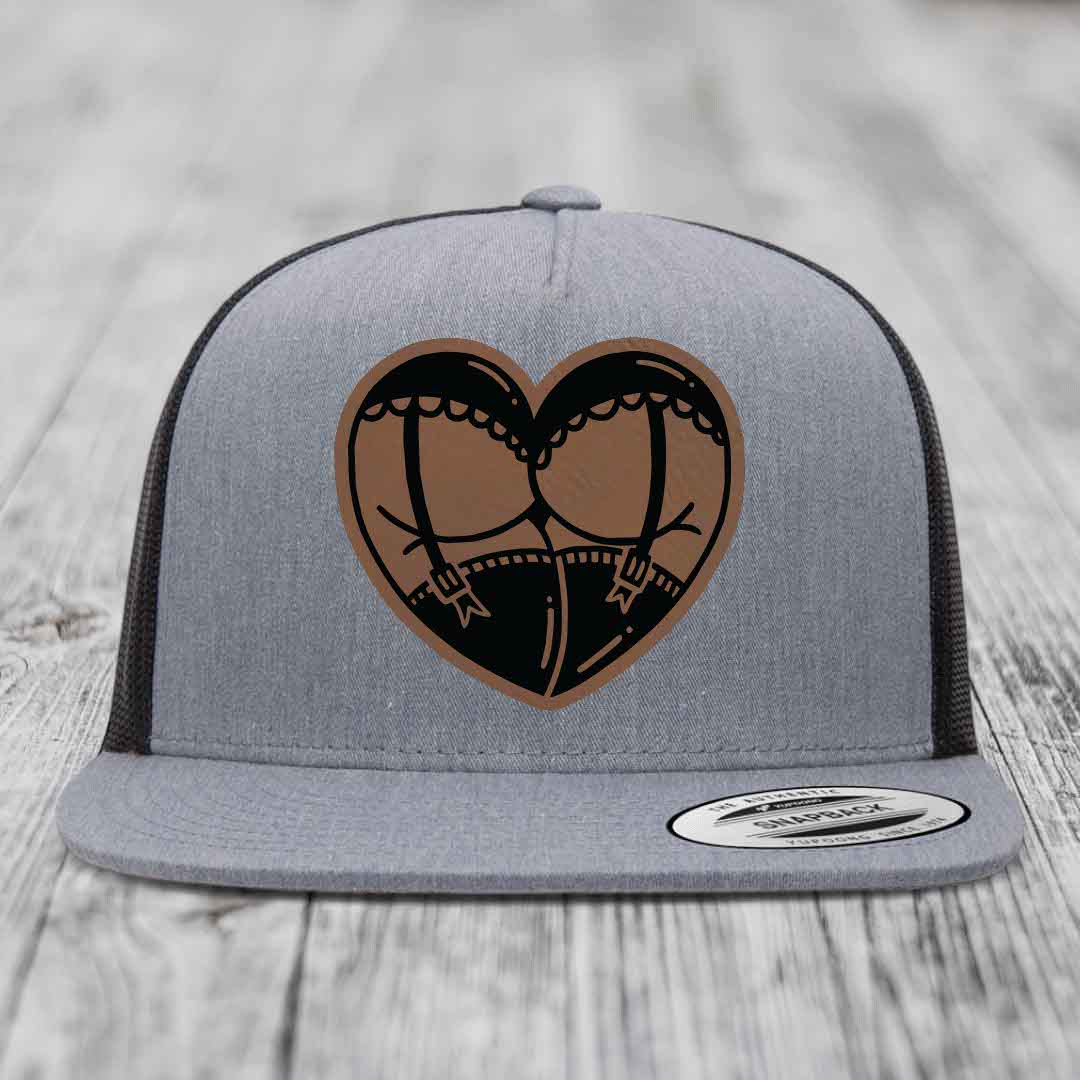 Heart Shaped Ass (Garter Belt) - Leather Patch Hat - Dark Brown to Black Patch - Yupoong 6006 Snapback Flatbill Hat