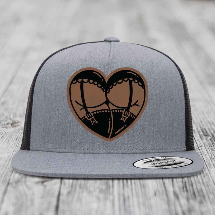 Heart Shaped Ass (Garter Belt) - Leather Patch Hat - Dark Brown to Black Patch - Yupoong 6006 Snapback Flatbill Hat