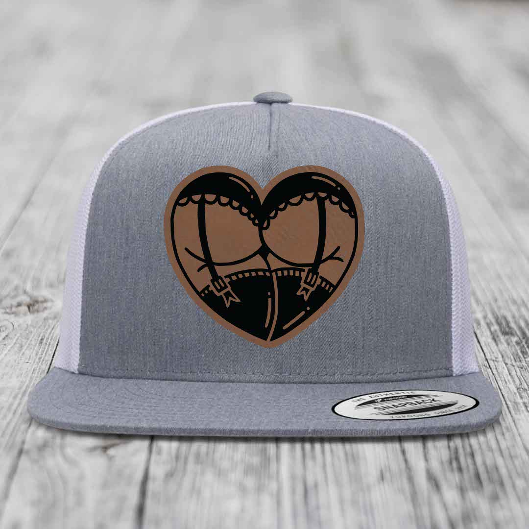 Heart Shaped Ass (Garter Belt) - Leather Patch Hat - Dark Brown to Black Patch - Yupoong 6006 Snapback Flatbill Hat