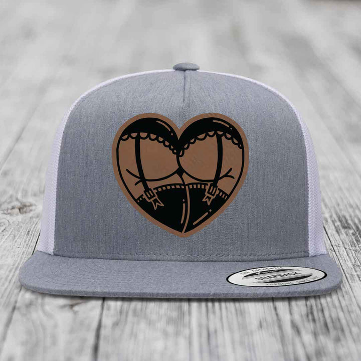 Heart Shaped Ass (Garter Belt) - Leather Patch Hat - Dark Brown to Black Patch - Yupoong 6006 Snapback Flatbill Hat