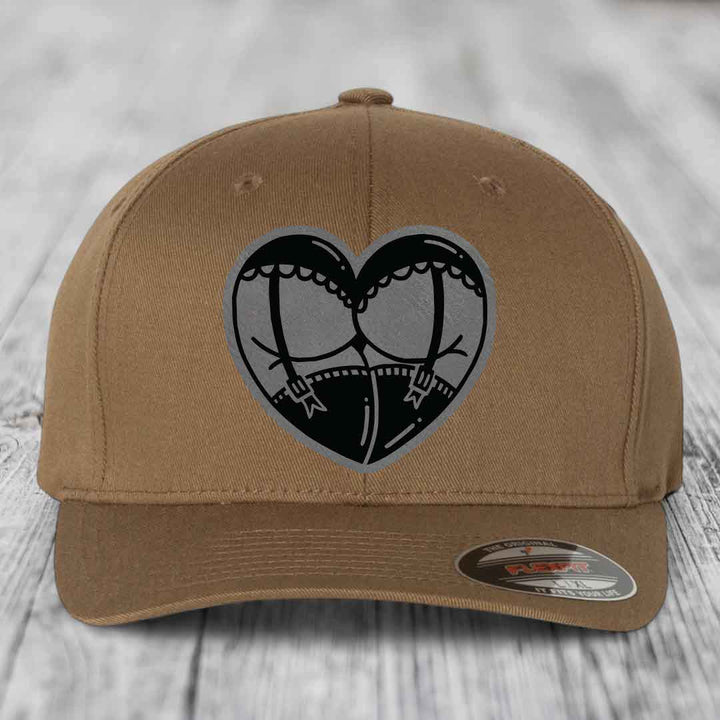 Heart Shaped Ass (Garter Belt) - Leather Patch Hat - Grey to Black Patch - Flexfit 6277 Fitted Hat