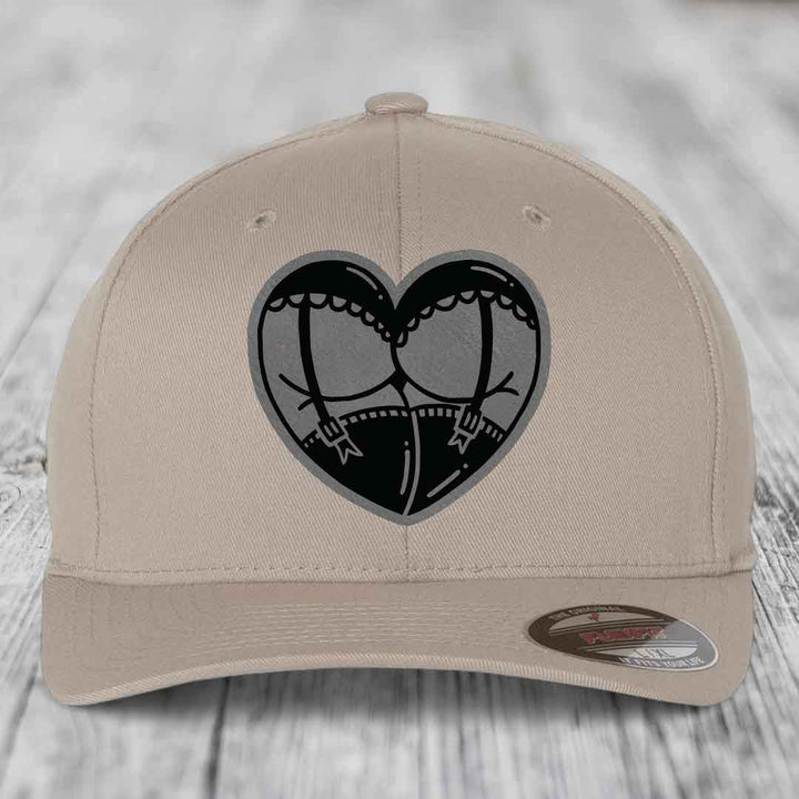 Heart Shaped Ass (Garter Belt) - Leather Patch Hat - Grey to Black Patch - Flexfit 6277 Fitted Hat