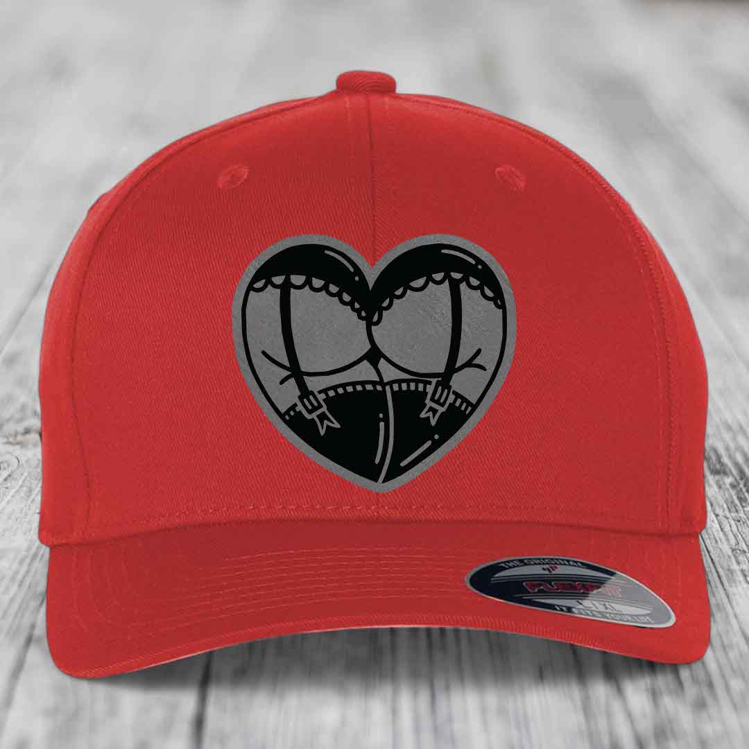 Heart Shaped Ass (Garter Belt) - Leather Patch Hat - Grey to Black Patch - Flexfit 6277 Fitted Hat