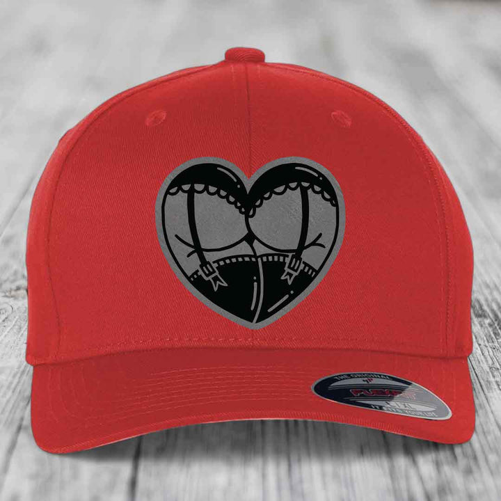 Heart Shaped Ass (Garter Belt) - Leather Patch Hat - Grey to Black Patch - Flexfit 6277 Fitted Hat