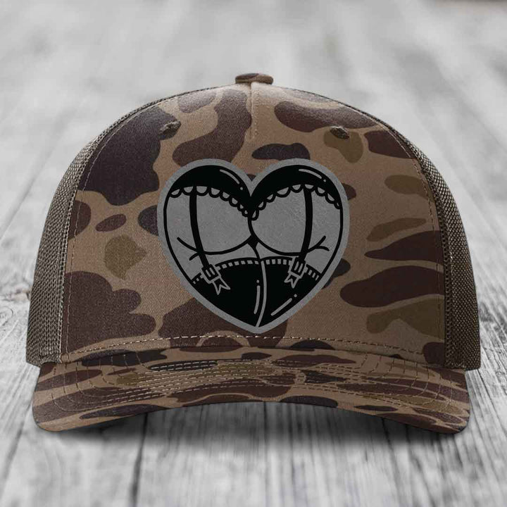 Heart Shaped Ass (Garter Belt) - Leather Patch Hat - Grey to Black Patch - Richardson 112PFP Snapback Trucker Hat
