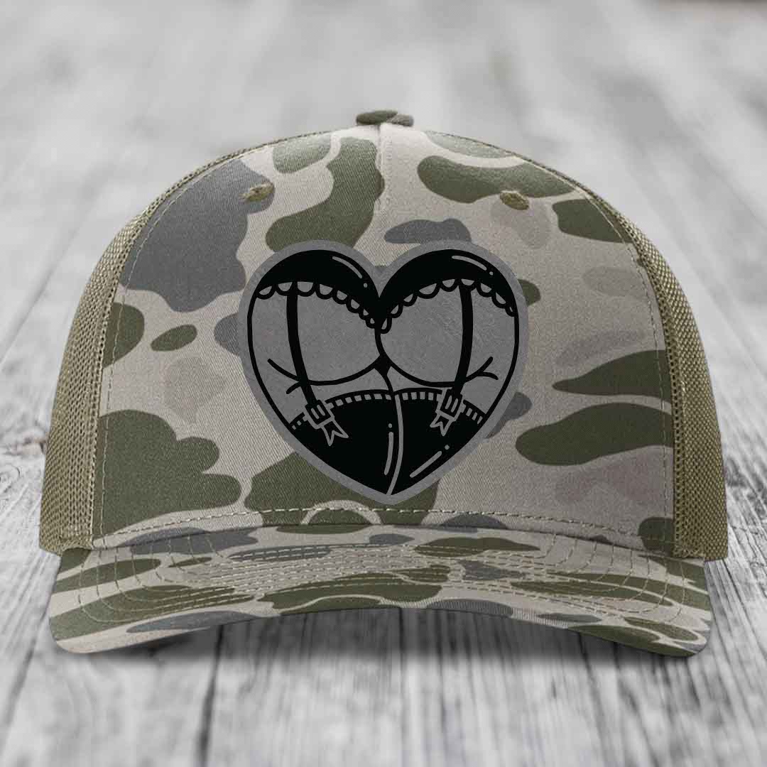 Heart Shaped Ass (Garter Belt) - Leather Patch Hat - Grey to Black Patch - Richardson 112PFP Snapback Trucker Hat