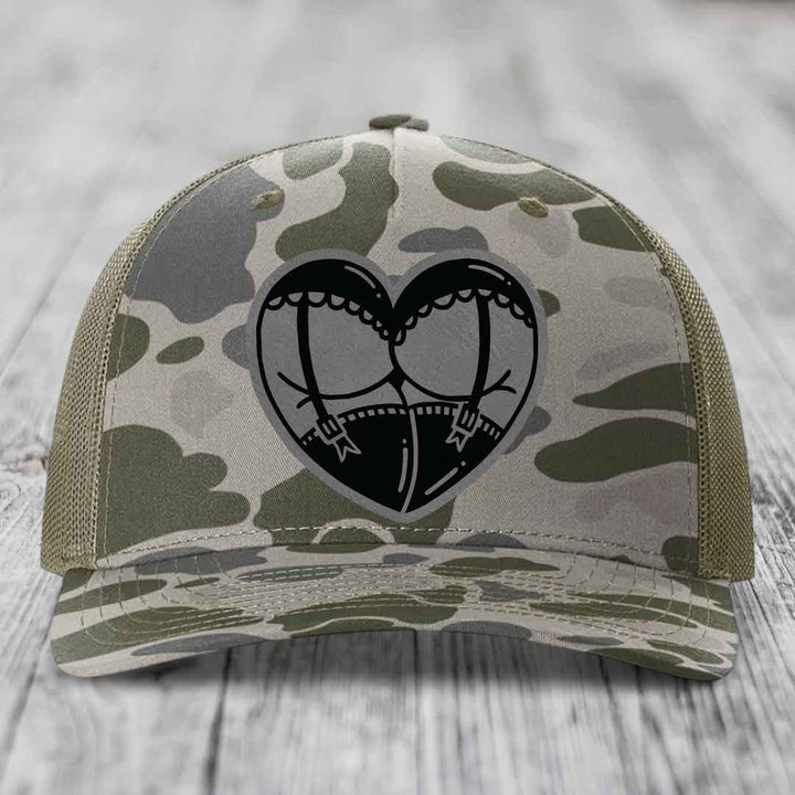 Heart Shaped Ass (Garter Belt) - Leather Patch Hat - Grey to Black Patch - Richardson 112PFP Snapback Trucker Hat