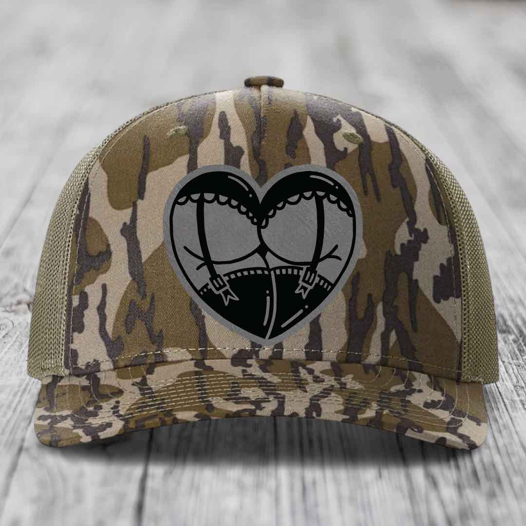 Heart Shaped Ass (Garter Belt) - Leather Patch Hat - Grey to Black Patch - Richardson 112PFP Snapback Trucker Hat