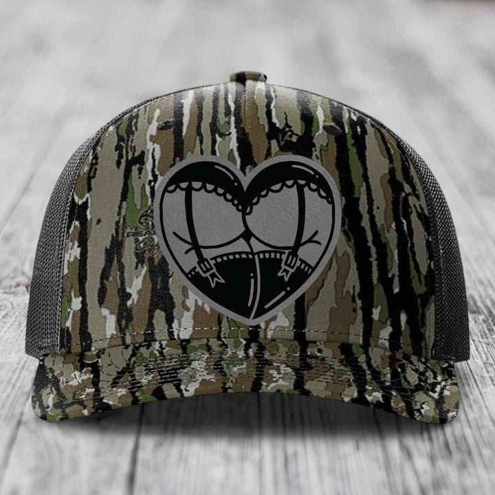 Heart Shaped Ass (Garter Belt) - Leather Patch Hat - Grey to Black Patch - Richardson 112PFP Snapback Trucker Hat