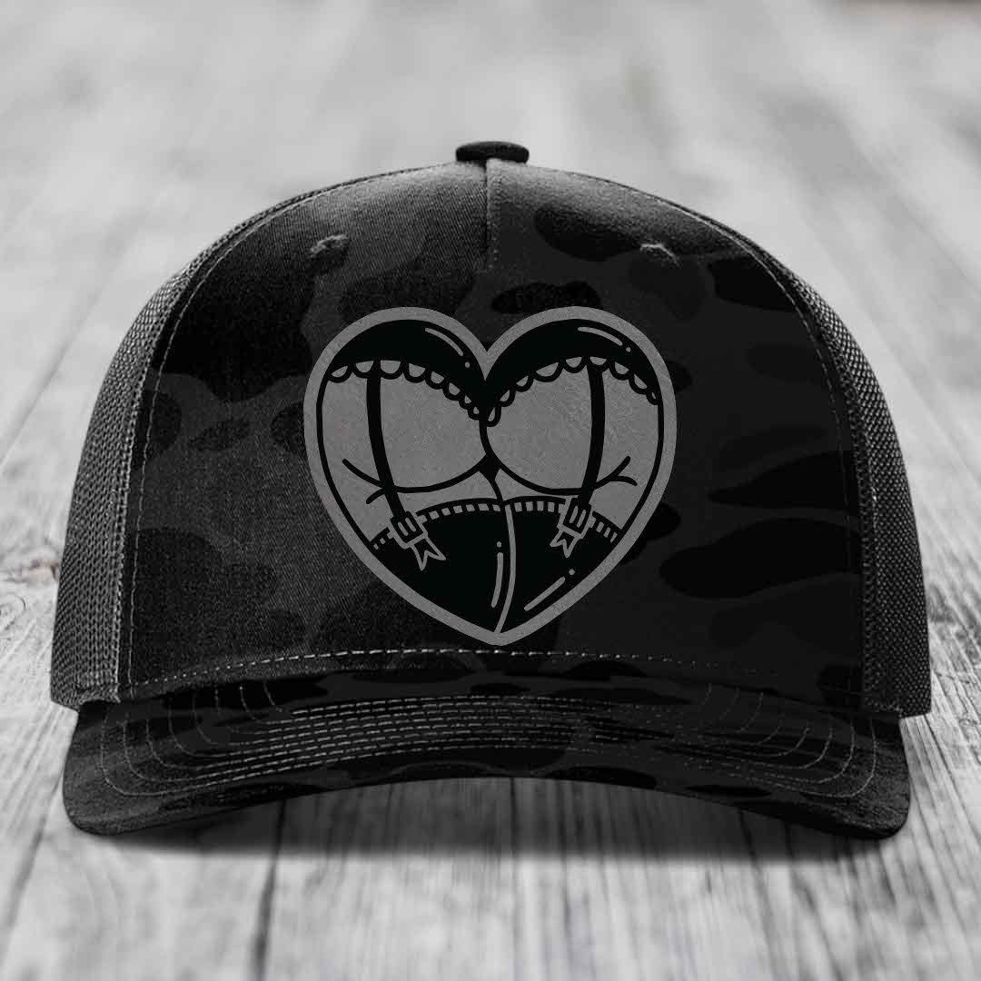 Heart Shaped Ass (Garter Belt) - Leather Patch Hat - Grey to Black Patch - Richardson 112PFP Snapback Trucker Hat