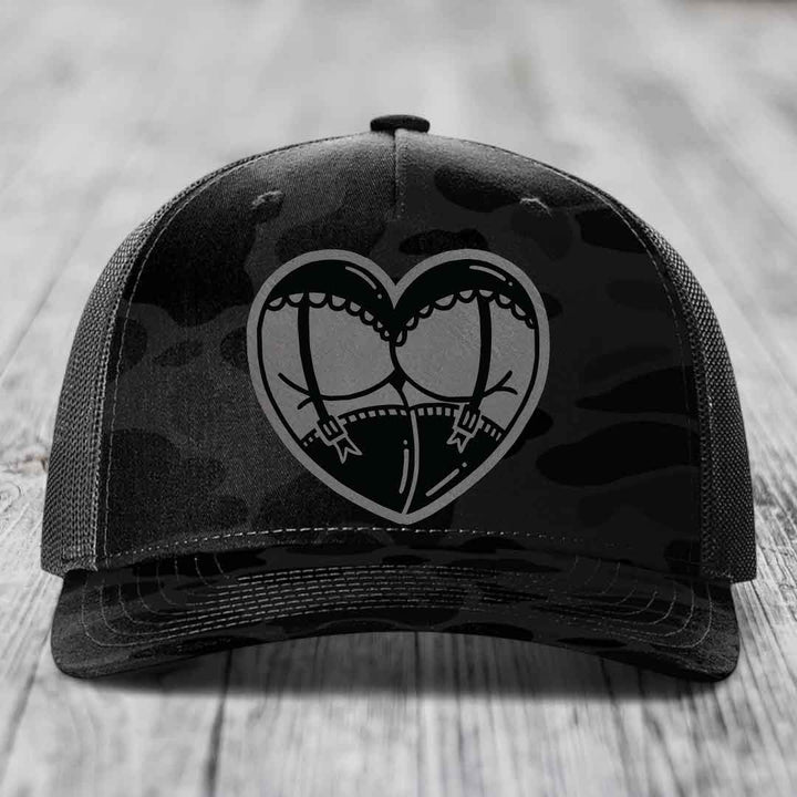 Heart Shaped Ass (Garter Belt) - Leather Patch Hat - Grey to Black Patch - Richardson 112PFP Snapback Trucker Hat
