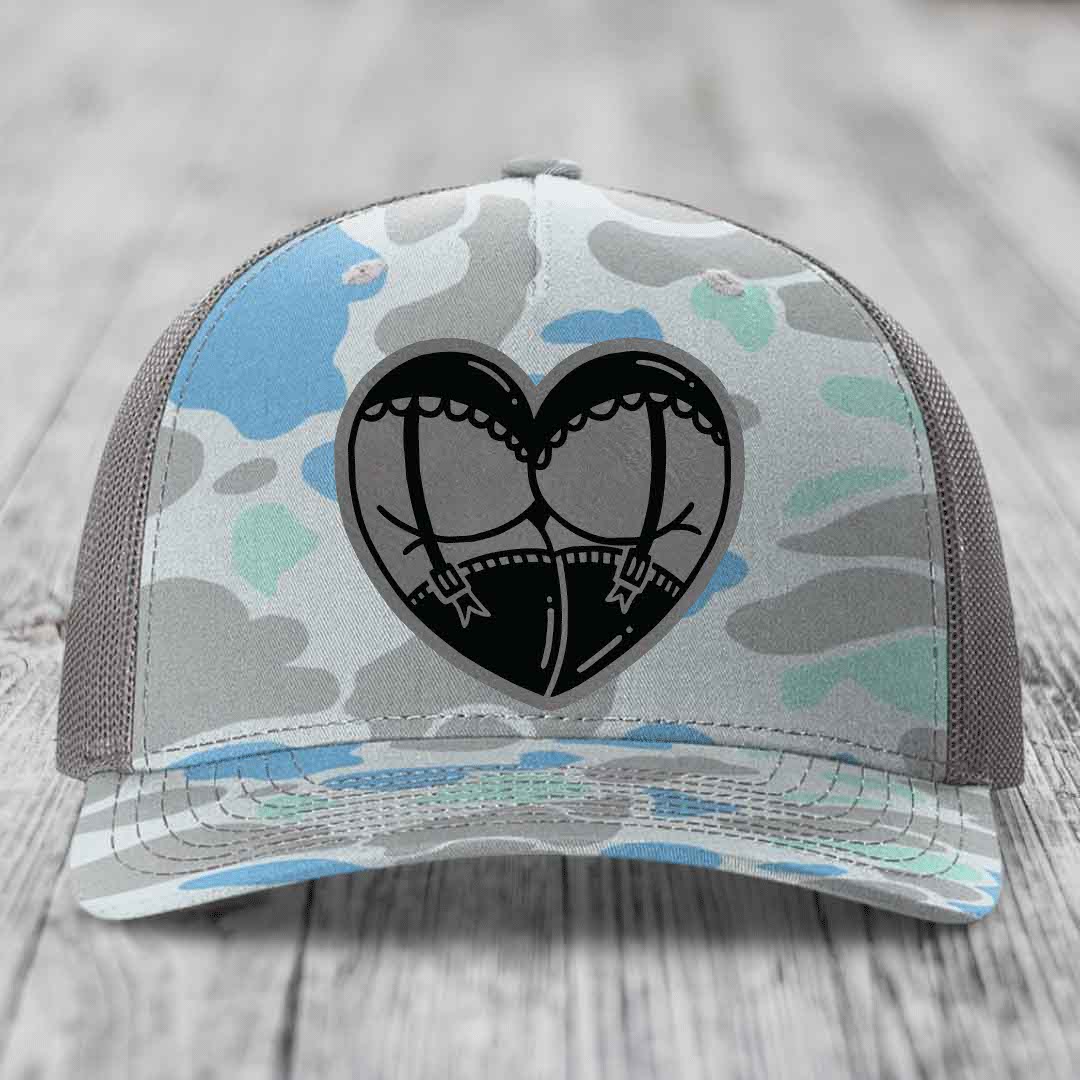 Heart Shaped Ass (Garter Belt) - Leather Patch Hat - Grey to Black Patch - Richardson 112PFP Snapback Trucker Hat