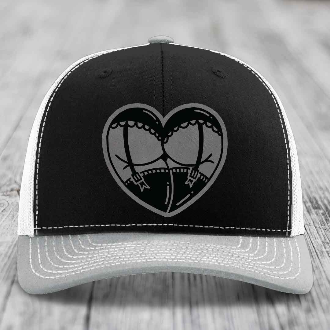 Heart Shaped Ass (Garter Belt) - Leather Patch Hat - Grey to Black Patch - Richardson 112 Snapback Trucker Hat
