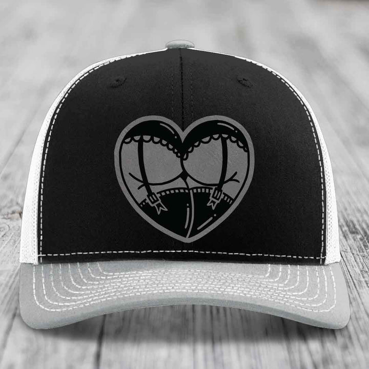 Heart Shaped Ass (Garter Belt) - Leather Patch Hat - Grey to Black Patch - Richardson 112 Snapback Trucker Hat