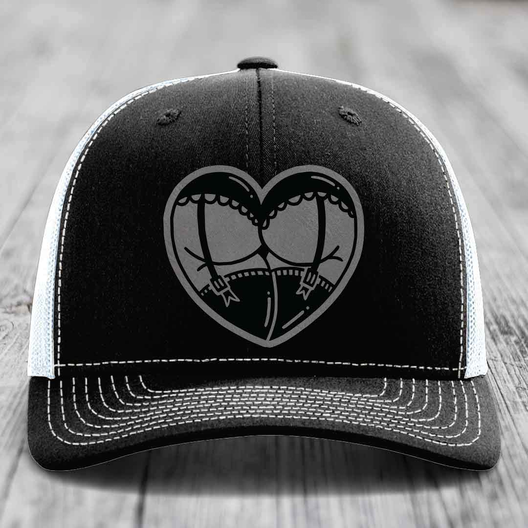 Heart Shaped Ass (Garter Belt) - Leather Patch Hat - Grey to Black Patch - Richardson 112 Snapback Trucker Hat