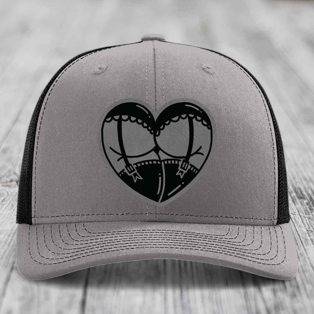Heart Shaped Ass (Garter Belt) - Leather Patch Hat - Grey to Black Patch - Richardson 112 Snapback Trucker Hat