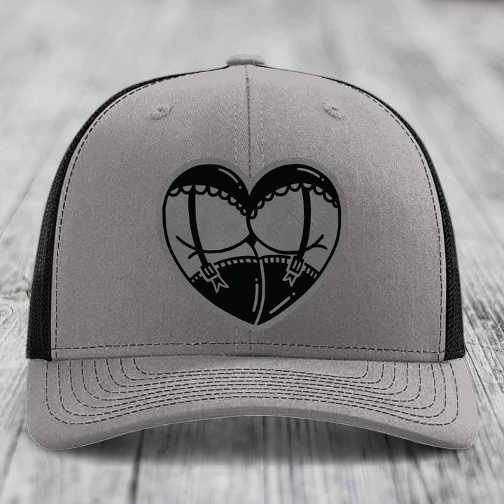 Heart Shaped Ass (Garter Belt) - Leather Patch Hat - Grey to Black Patch - Richardson 112 Snapback Trucker Hat