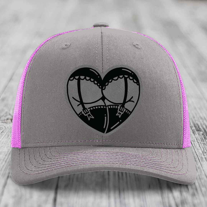 Heart Shaped Ass (Garter Belt) - Leather Patch Hat - Grey to Black Patch - Richardson 112 Snapback Trucker Hat