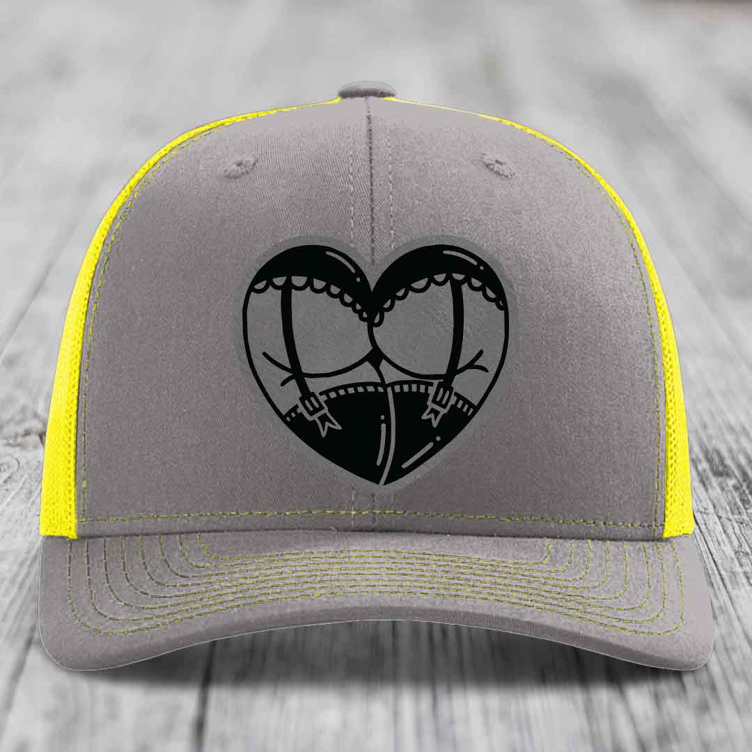 Heart Shaped Ass (Garter Belt) - Leather Patch Hat - Grey to Black Patch - Richardson 112 Snapback Trucker Hat