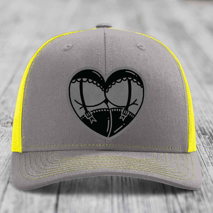 Heart Shaped Ass (Garter Belt) - Leather Patch Hat - Grey to Black Patch - Richardson 112 Snapback Trucker Hat