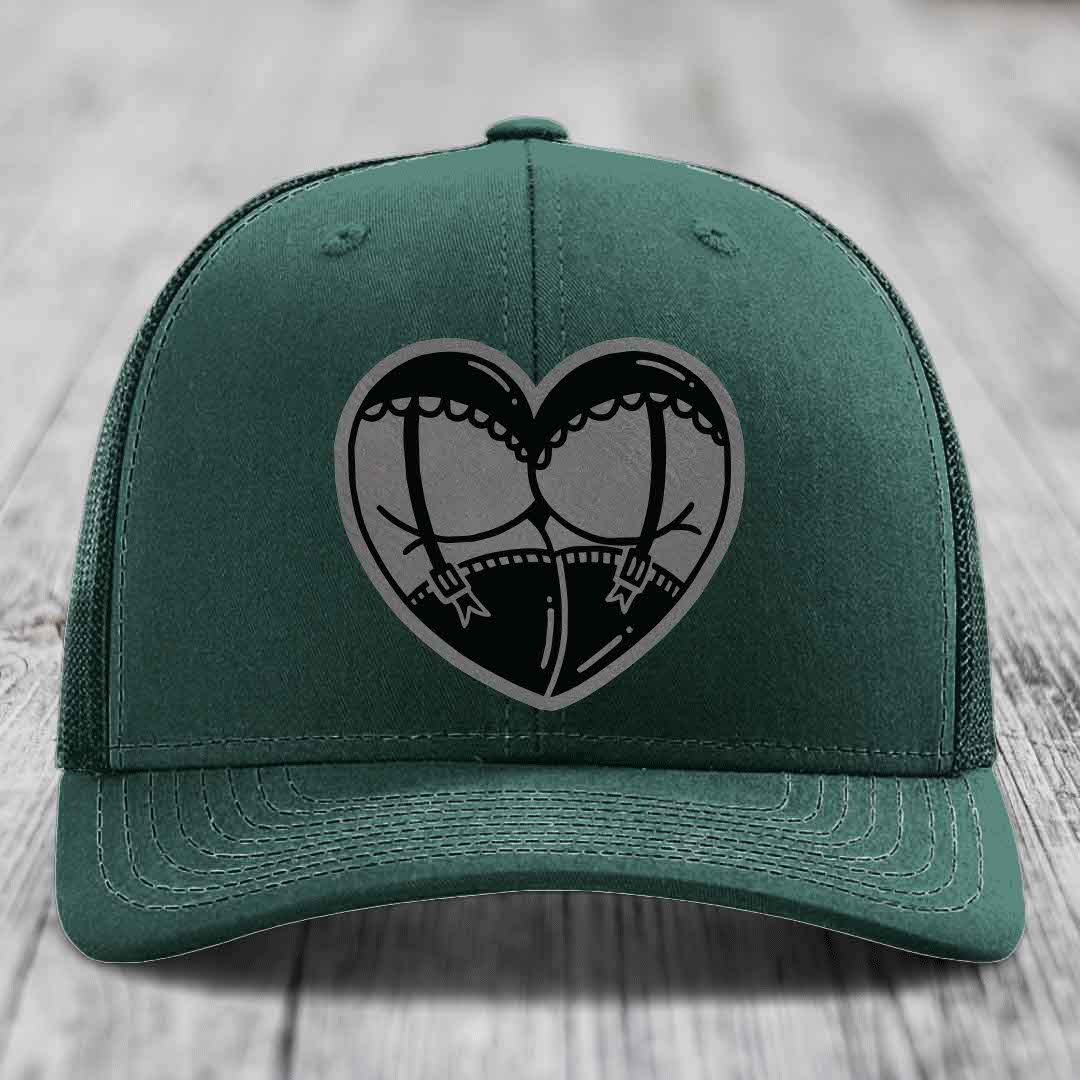 Heart Shaped Ass (Garter Belt) - Leather Patch Hat - Grey to Black Patch - Richardson 112 Snapback Trucker Hat