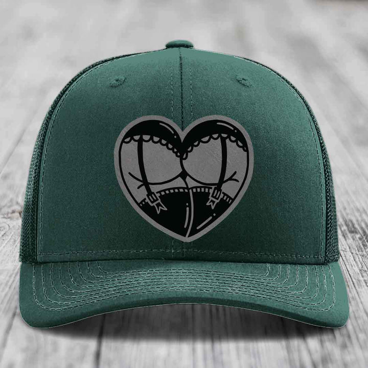 Heart Shaped Ass (Garter Belt) - Leather Patch Hat - Grey to Black Patch - Richardson 112 Snapback Trucker Hat