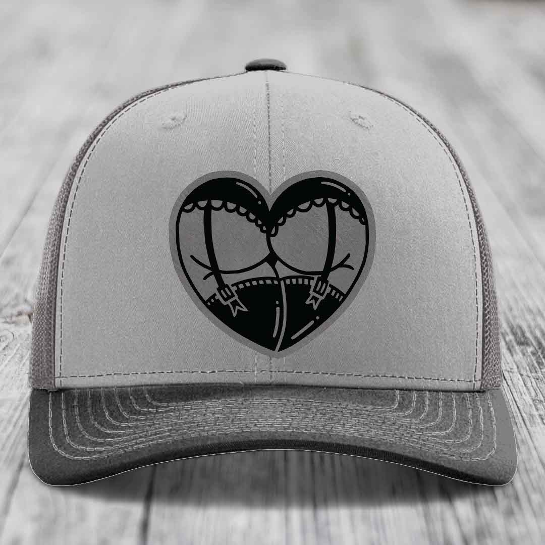 Heart Shaped Ass (Garter Belt) - Leather Patch Hat - Grey to Black Patch - Richardson 112 Snapback Trucker Hat