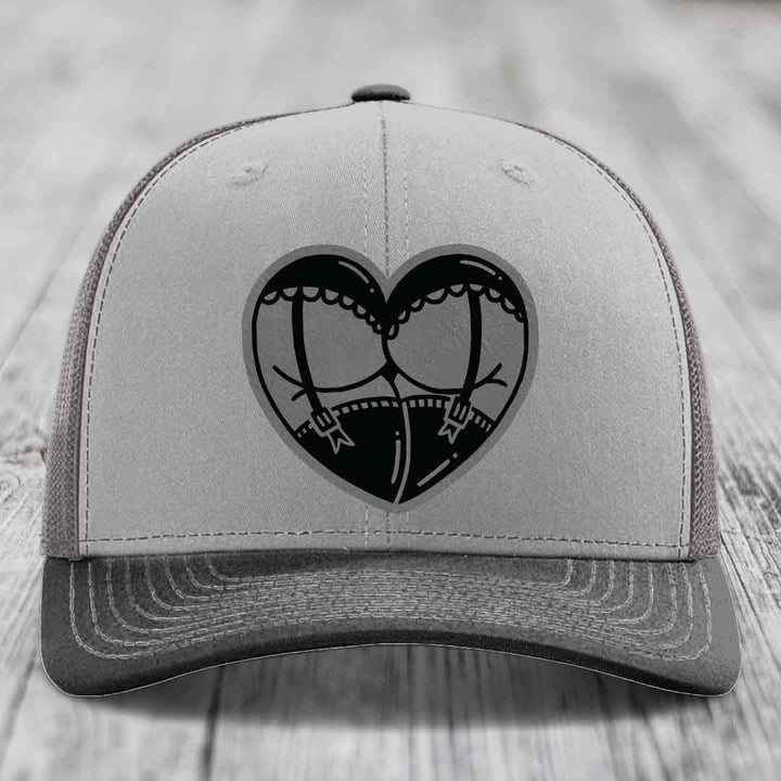 Heart Shaped Ass (Garter Belt) - Leather Patch Hat - Grey to Black Patch - Richardson 112 Snapback Trucker Hat