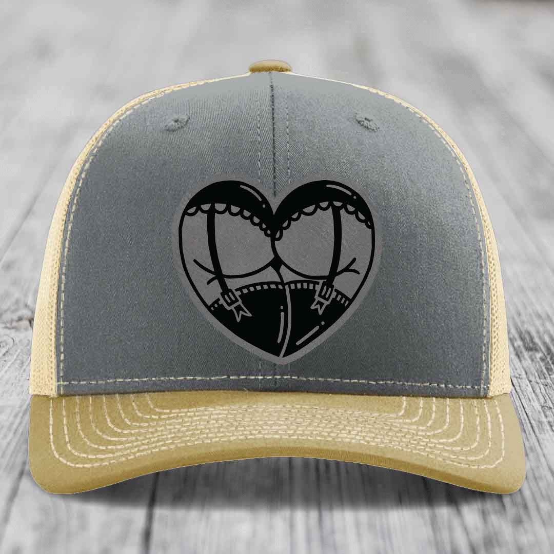 Heart Shaped Ass (Garter Belt) - Leather Patch Hat - Grey to Black Patch - Richardson 112 Snapback Trucker Hat