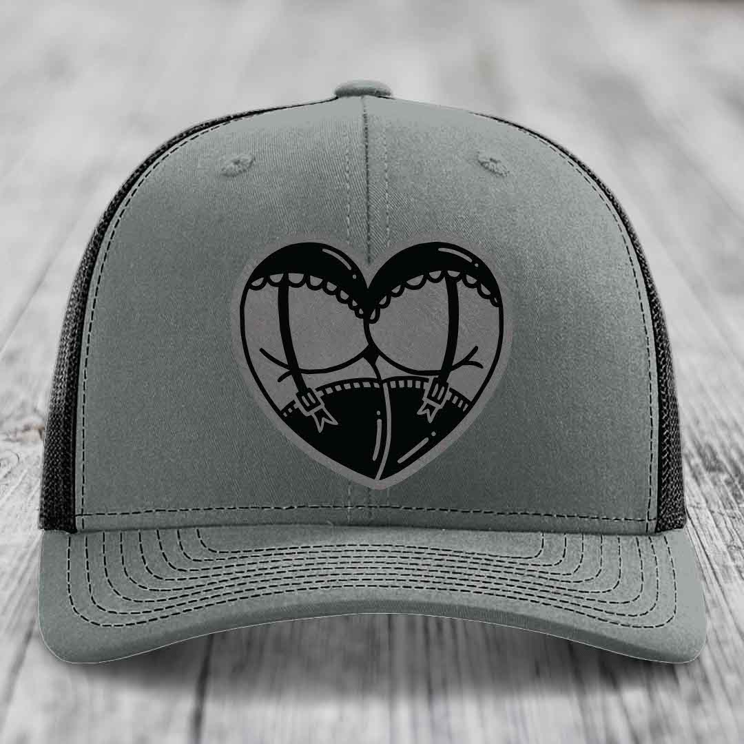 Heart Shaped Ass (Garter Belt) - Leather Patch Hat - Grey to Black Patch - Richardson 112 Snapback Trucker Hat