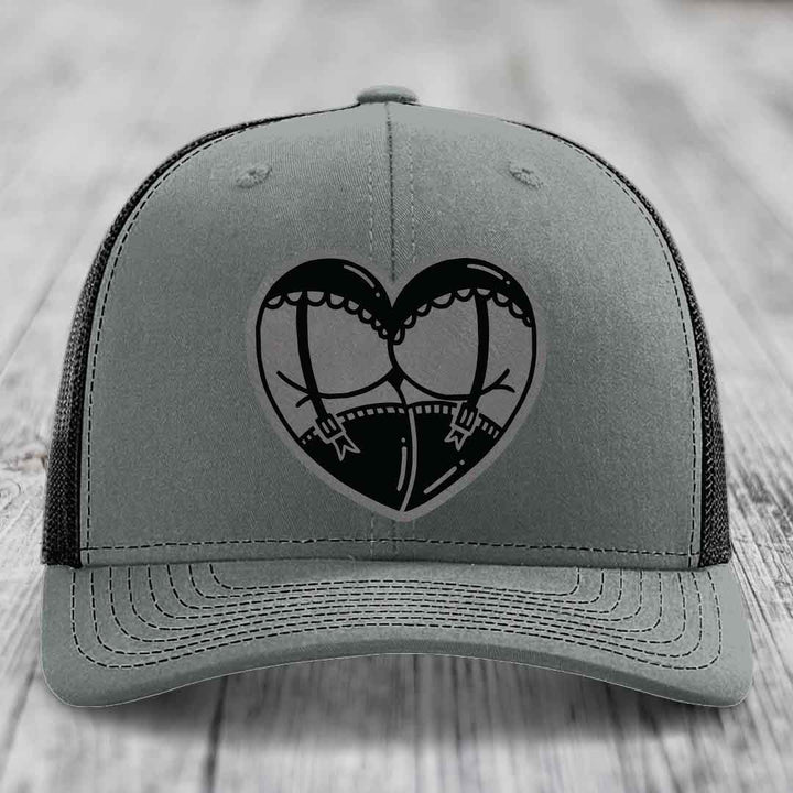 Heart Shaped Ass (Garter Belt) - Leather Patch Hat - Grey to Black Patch - Richardson 112 Snapback Trucker Hat