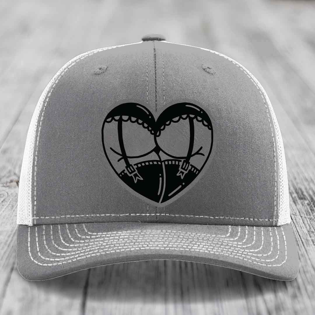 Heart Shaped Ass (Garter Belt) - Leather Patch Hat - Grey to Black Patch - Richardson 112 Snapback Trucker Hat