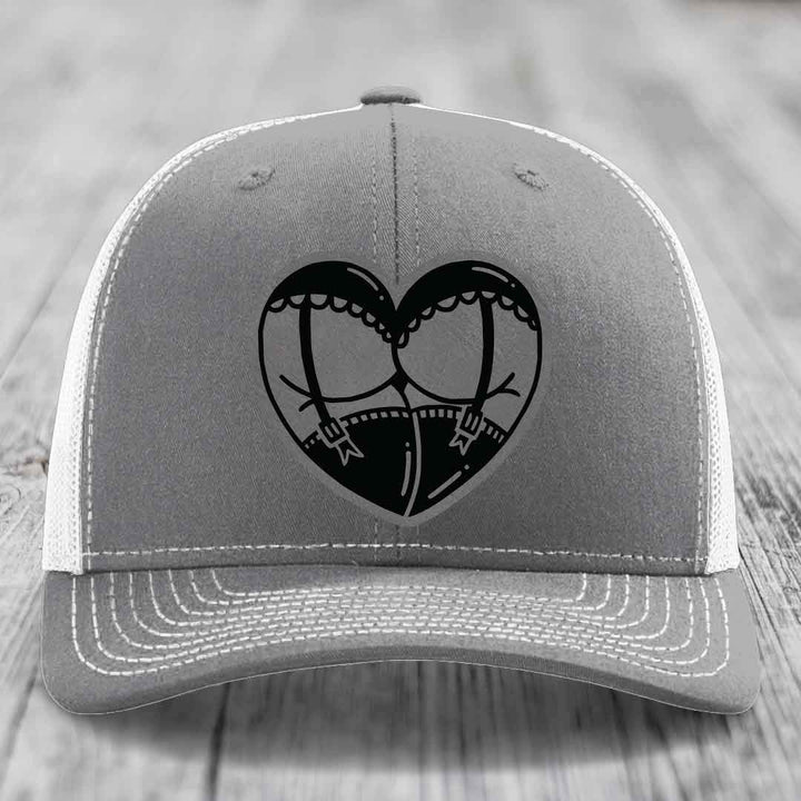 Heart Shaped Ass (Garter Belt) - Leather Patch Hat - Grey to Black Patch - Richardson 112 Snapback Trucker Hat
