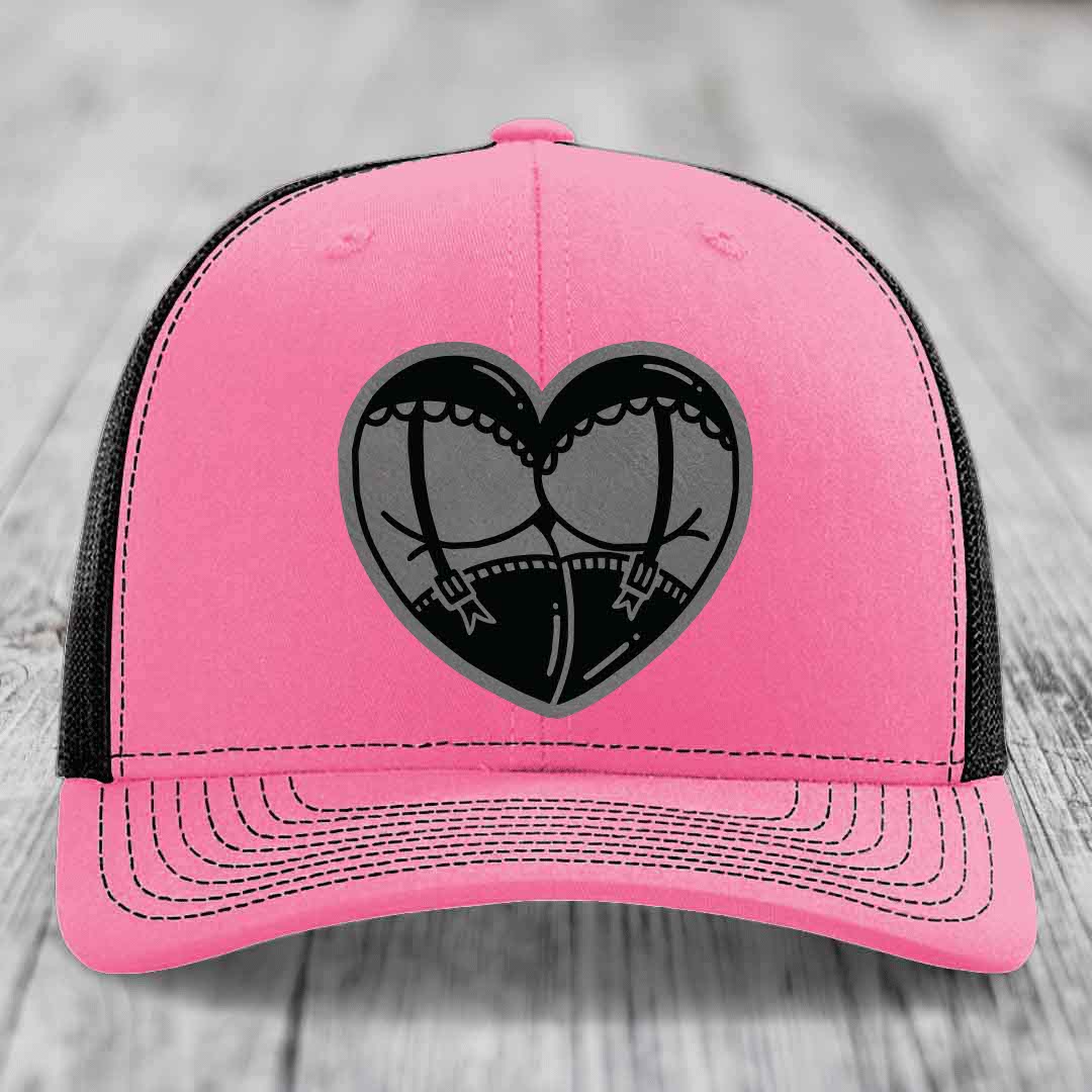 Heart Shaped Ass (Garter Belt) - Leather Patch Hat - Grey to Black Patch - Richardson 112 Snapback Trucker Hat