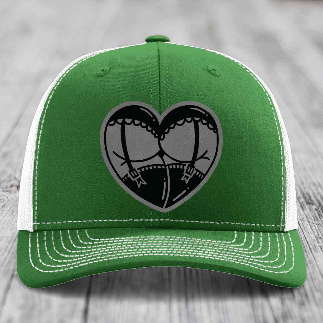 Heart Shaped Ass (Garter Belt) - Leather Patch Hat - Grey to Black Patch - Richardson 112 Snapback Trucker Hat