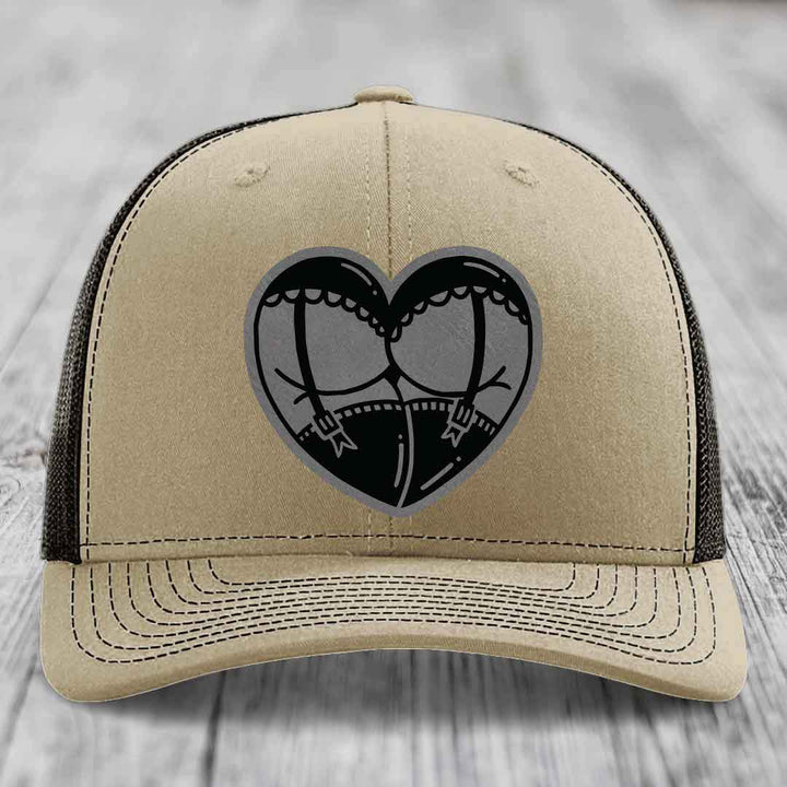 Heart Shaped Ass (Garter Belt) - Leather Patch Hat - Grey to Black Patch - Richardson 112 Snapback Trucker Hat