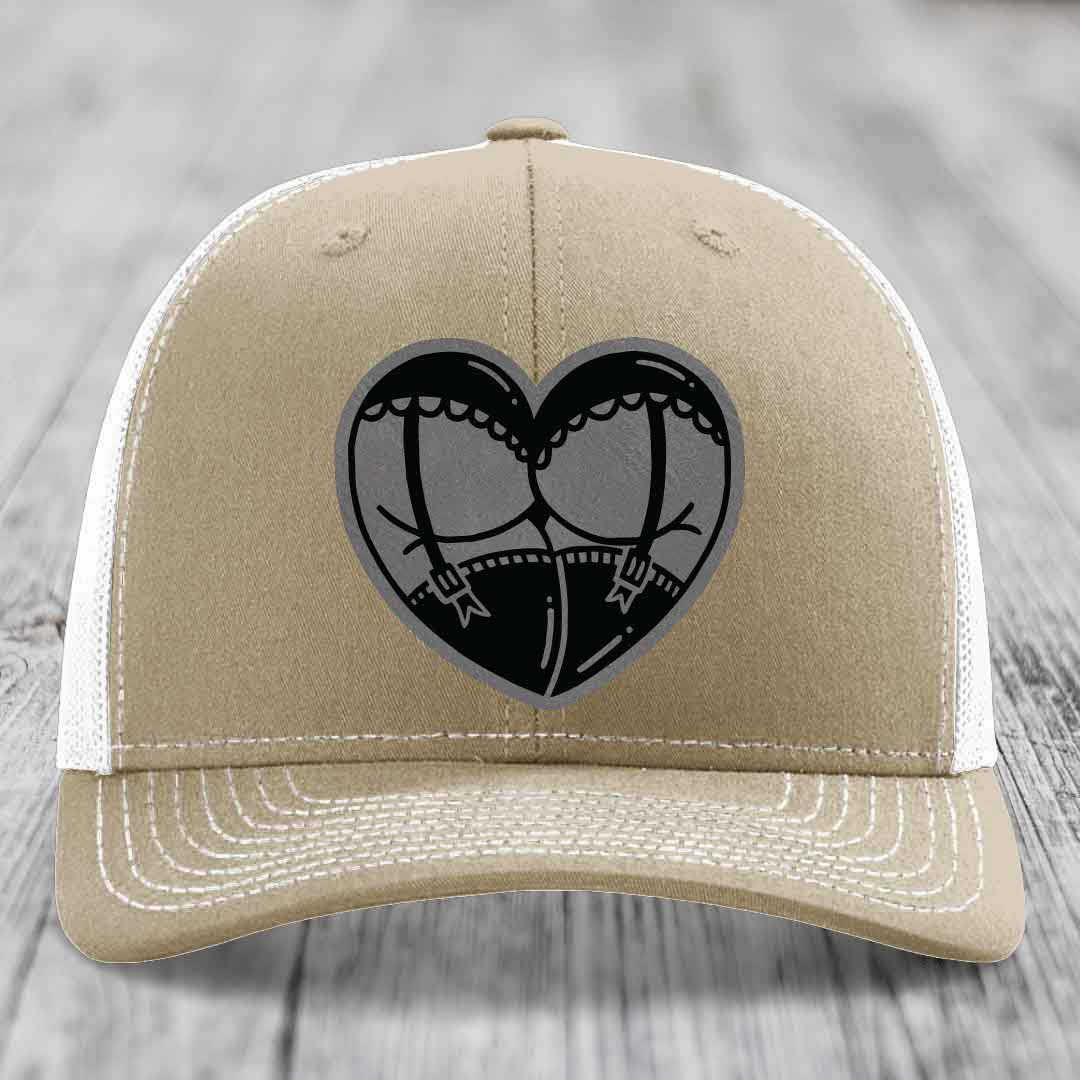 Heart Shaped Ass (Garter Belt) - Leather Patch Hat - Grey to Black Patch - Richardson 112 Snapback Trucker Hat