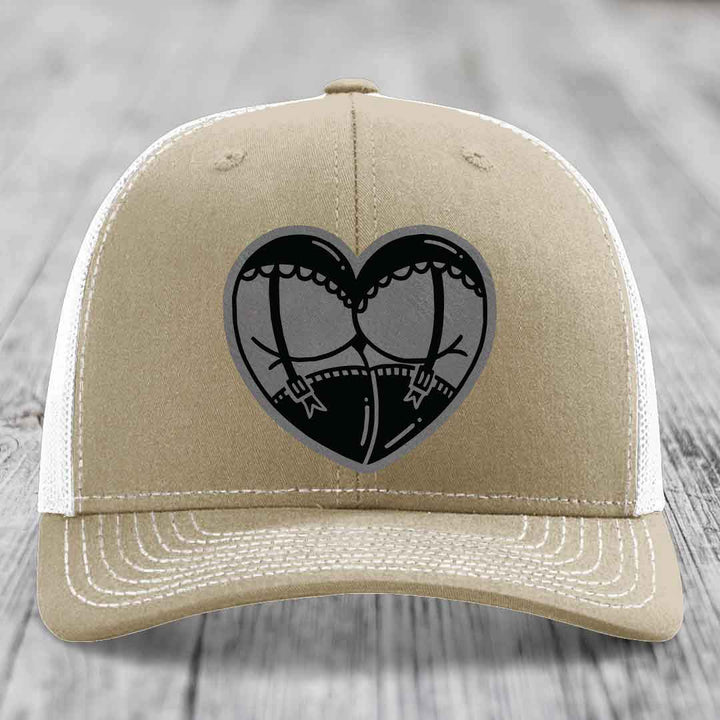 Heart Shaped Ass (Garter Belt) - Leather Patch Hat - Grey to Black Patch - Richardson 112 Snapback Trucker Hat