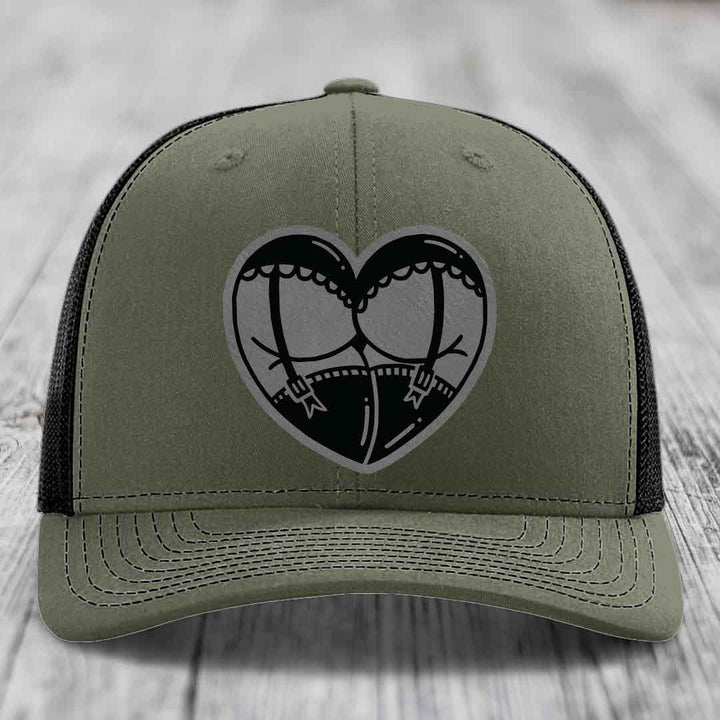 Heart Shaped Ass (Garter Belt) - Leather Patch Hat - Grey to Black Patch - Richardson 112 Snapback Trucker Hat