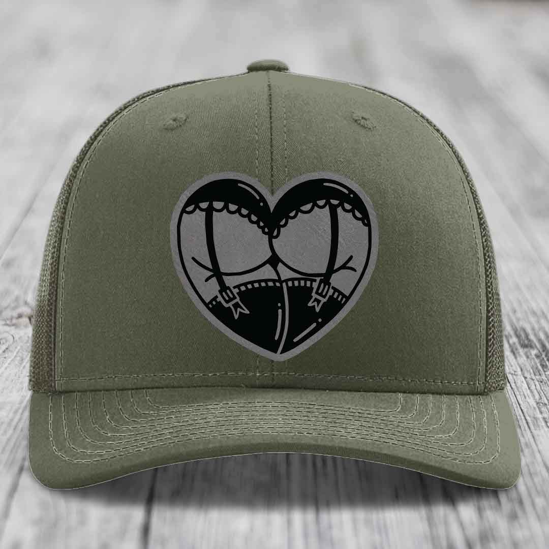 Heart Shaped Ass (Garter Belt) - Leather Patch Hat - Grey to Black Patch - Richardson 112 Snapback Trucker Hat