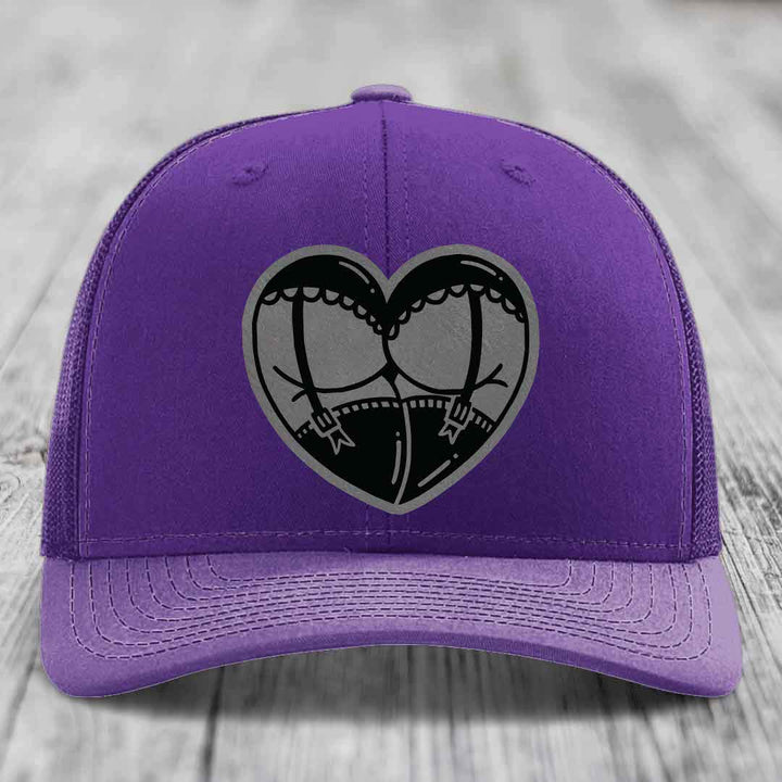 Heart Shaped Ass (Garter Belt) - Leather Patch Hat - Grey to Black Patch - Richardson 112 Snapback Trucker Hat