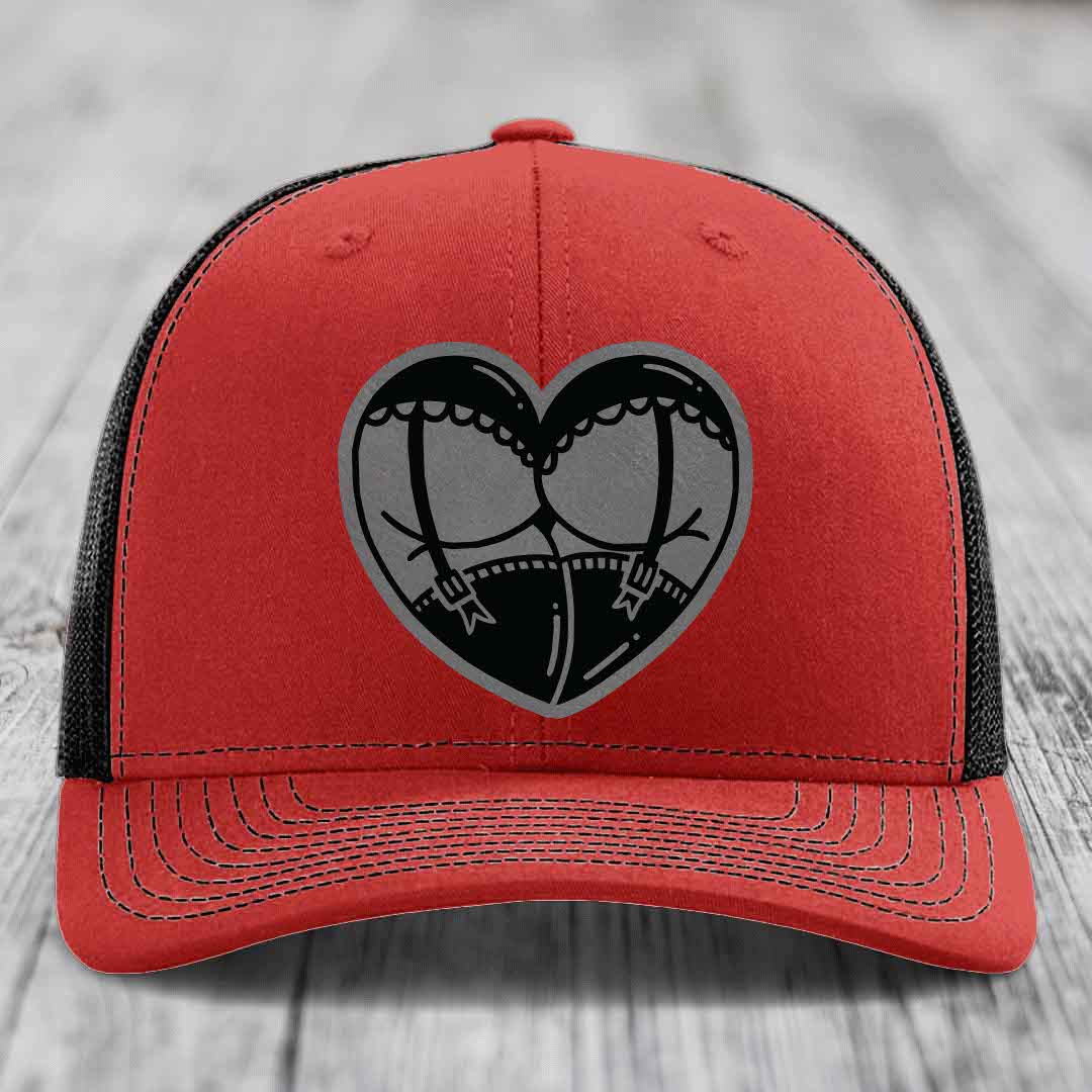 Heart Shaped Ass (Garter Belt) - Leather Patch Hat - Grey to Black Patch - Richardson 112 Snapback Trucker Hat