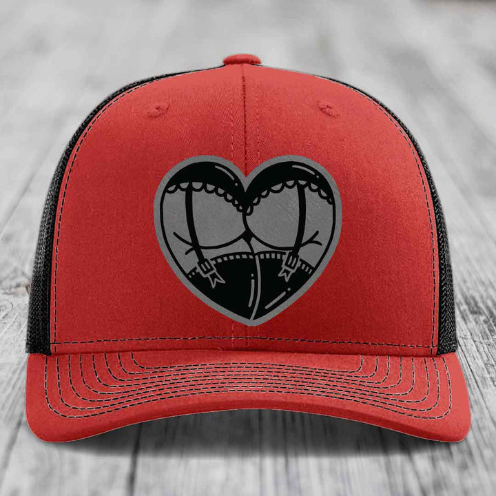 Heart Shaped Ass (Garter Belt) - Leather Patch Hat - Grey to Black Patch - Richardson 112 Snapback Trucker Hat