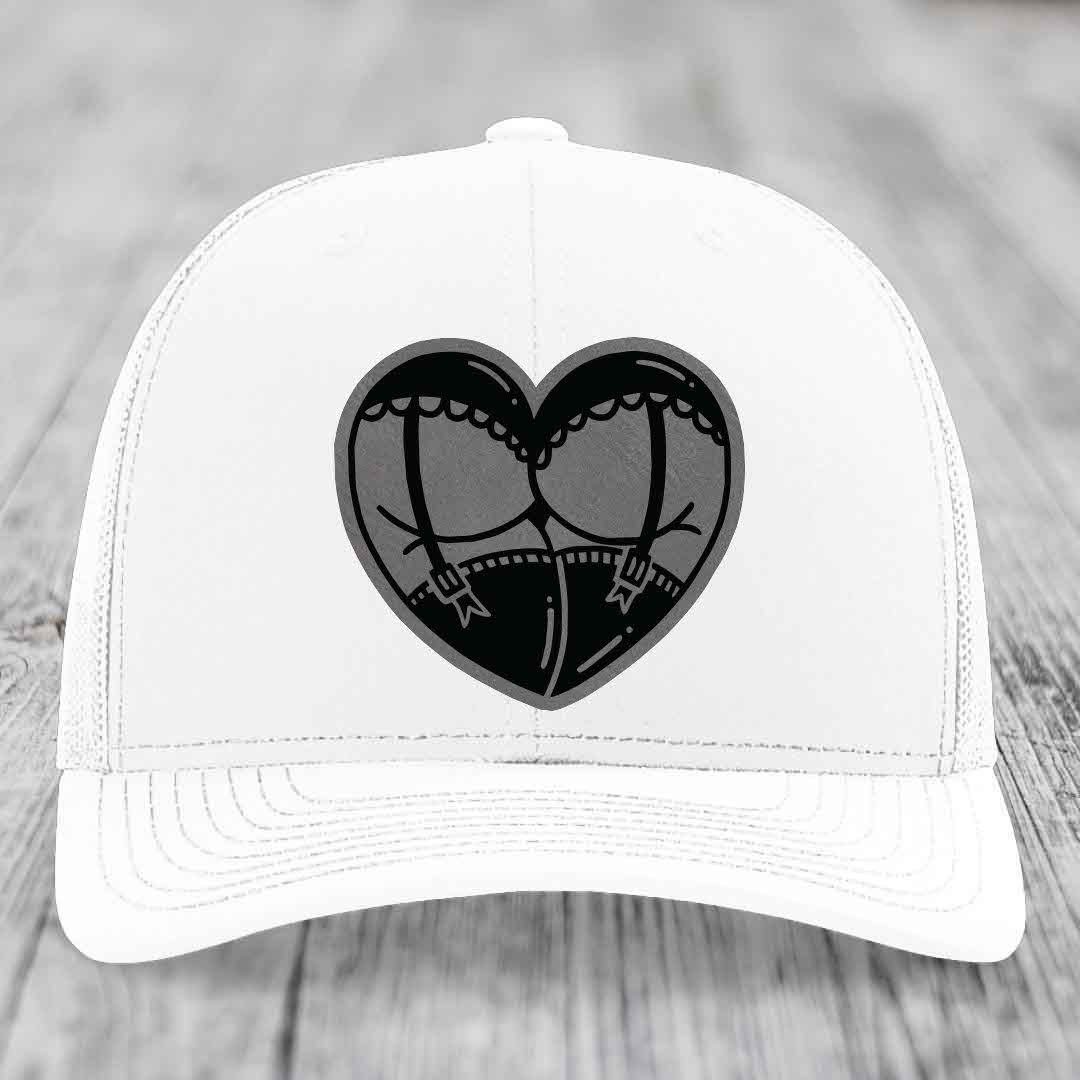 Heart Shaped Ass (Garter Belt) - Leather Patch Hat - Grey to Black Patch - Richardson 112 Snapback Trucker Hat