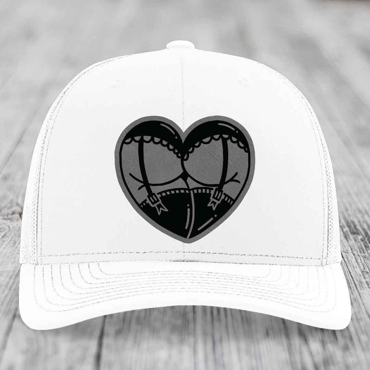 Heart Shaped Ass (Garter Belt) - Leather Patch Hat - Grey to Black Patch - Richardson 112 Snapback Trucker Hat