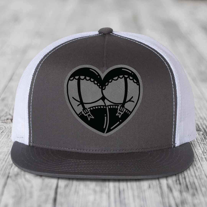Heart Shaped Ass (Garter Belt) - Leather Patch Hat - Grey to Black Patch - Yupoong 6006 Snapback Flatbill Hat