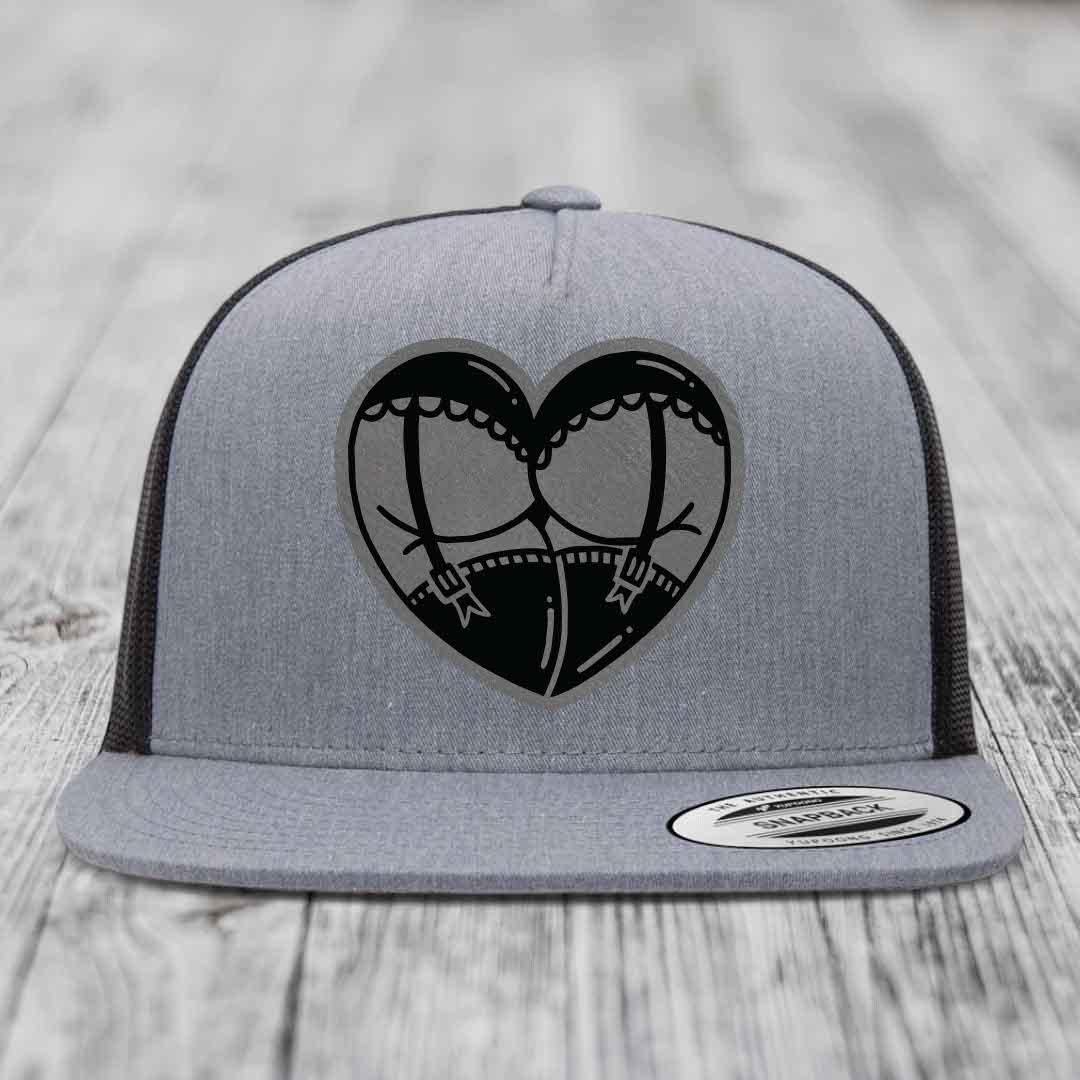 Heart Shaped Ass (Garter Belt) - Leather Patch Hat - Grey to Black Patch - Yupoong 6006 Snapback Flatbill Hat